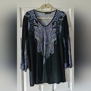 Chic Paisley V-Neck Blouse - Black and Purple